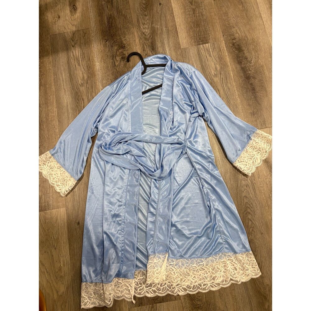 Light Blue Satin Robe with Cream Lace Trim NWT